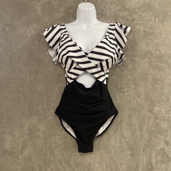 NWT B2Prity Womens Black & White Cutout Ruffle One-Piece Swimsuit Size Medium - Picture 2 of 15